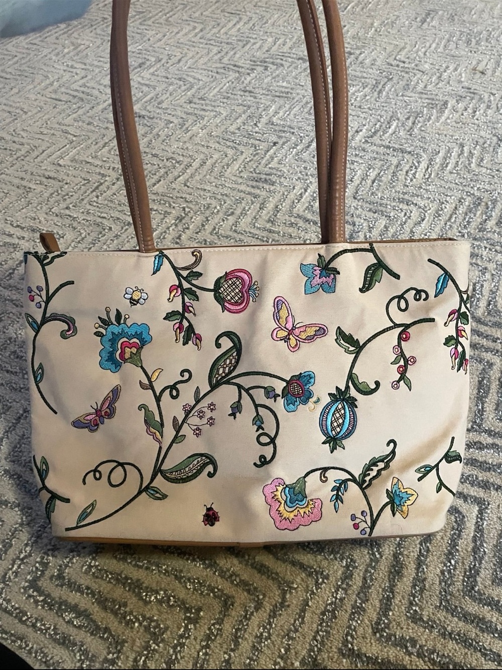 Bueno Beige Tote with Multicolor Floral Embroidery and Tan Handles